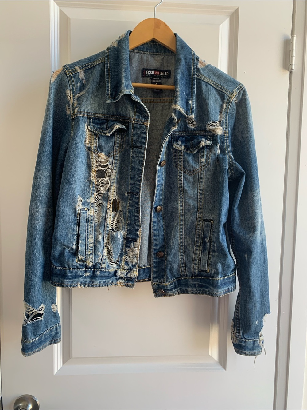 Ecko Unlimited Women's Distressed Blue Denim Trucker Jacket